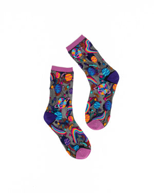 Sock candy pop art planets print sheer sock womens planets rainbow socks